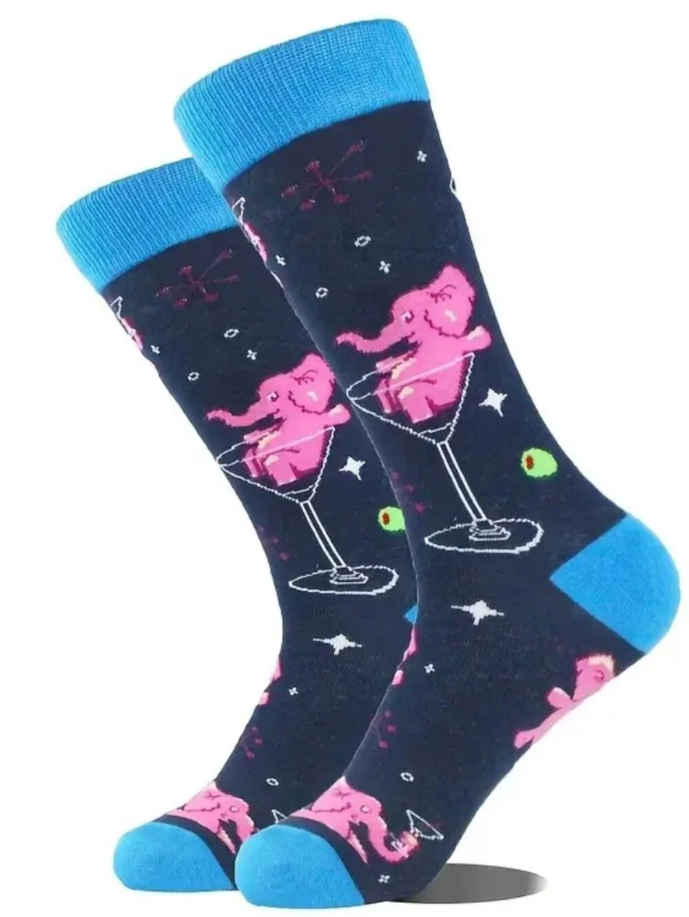 Pink Elephant Socks Cocktails Mid-Calf Fun Unisex. OS